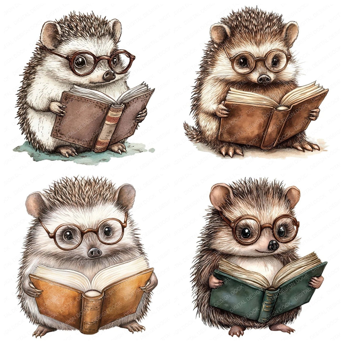 Reading Hedgehog with Glasses Clipart Set (DDD006394)