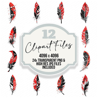 Red and Black Tribal Feather clipart set cover showing the designs and file details
