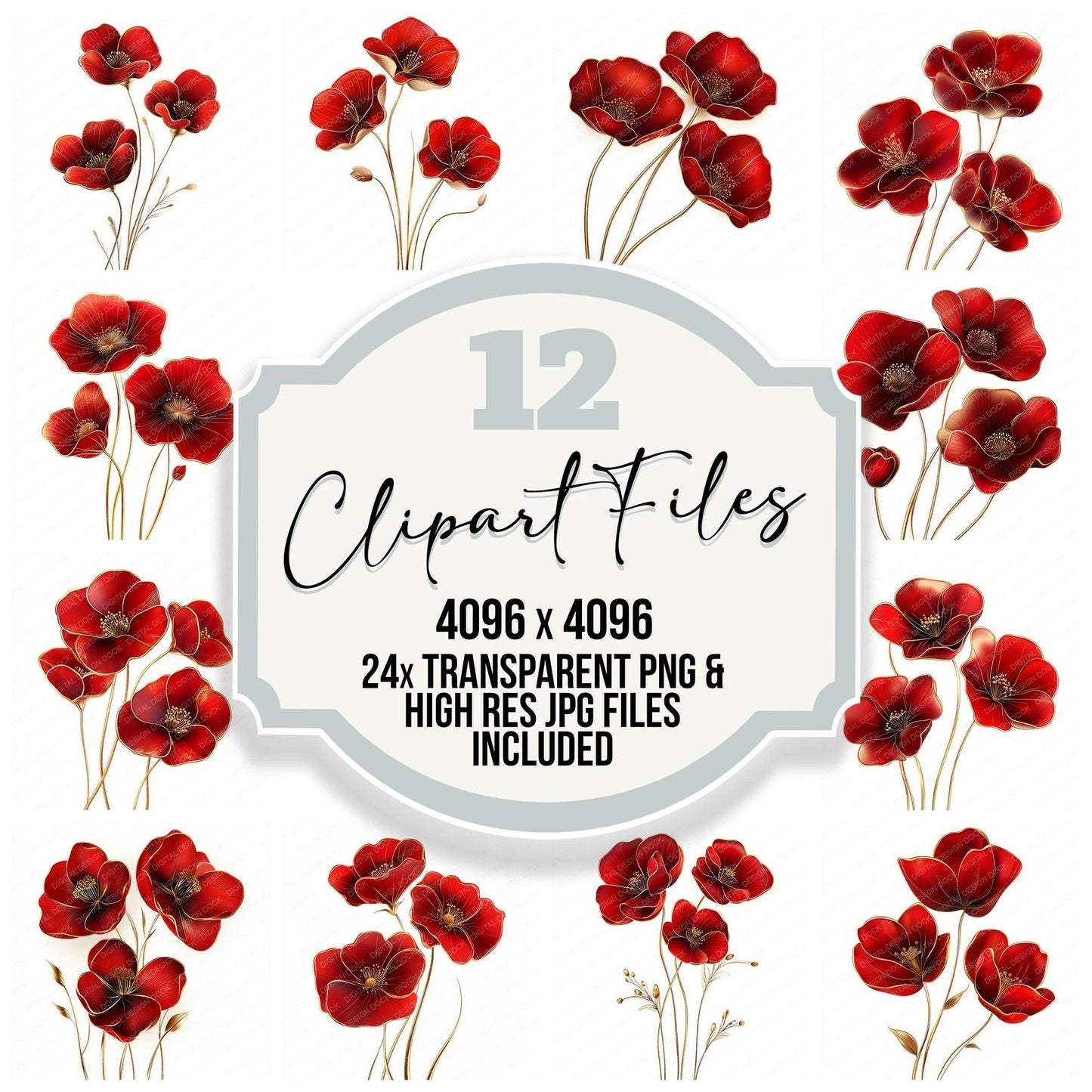 Red and Gold Abstract Flowers Clipart Set (DDD006401)