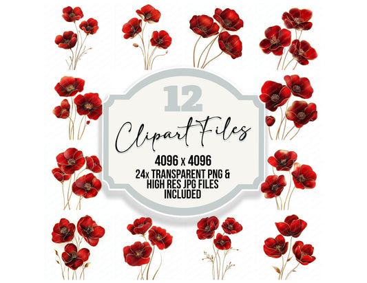 Red and Gold Abstract Flowers clipart set with transparent PNGs and high resolution JPGs for crafting and design projects