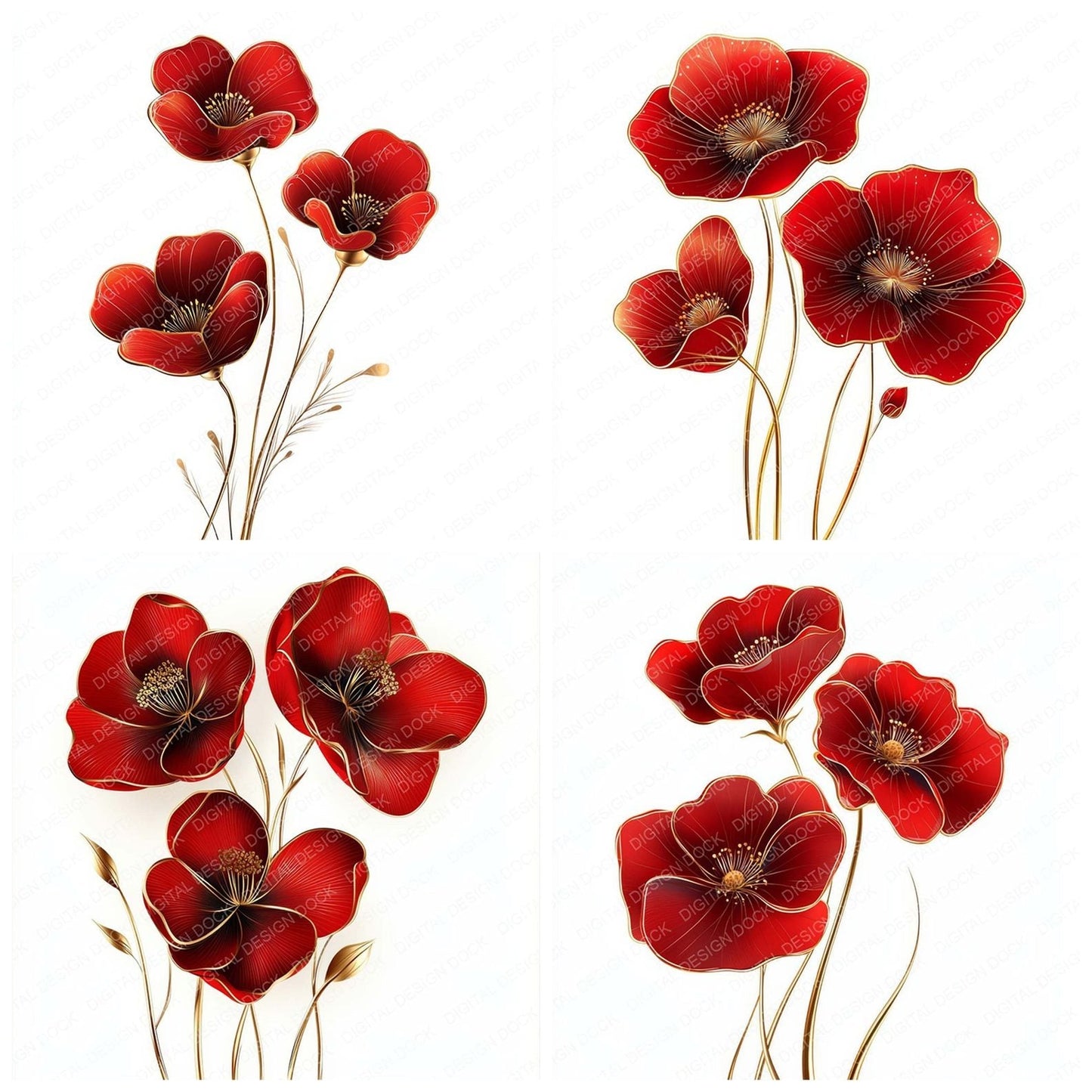 Red and Gold Abstract Flowers Clipart Set (DDD006401)