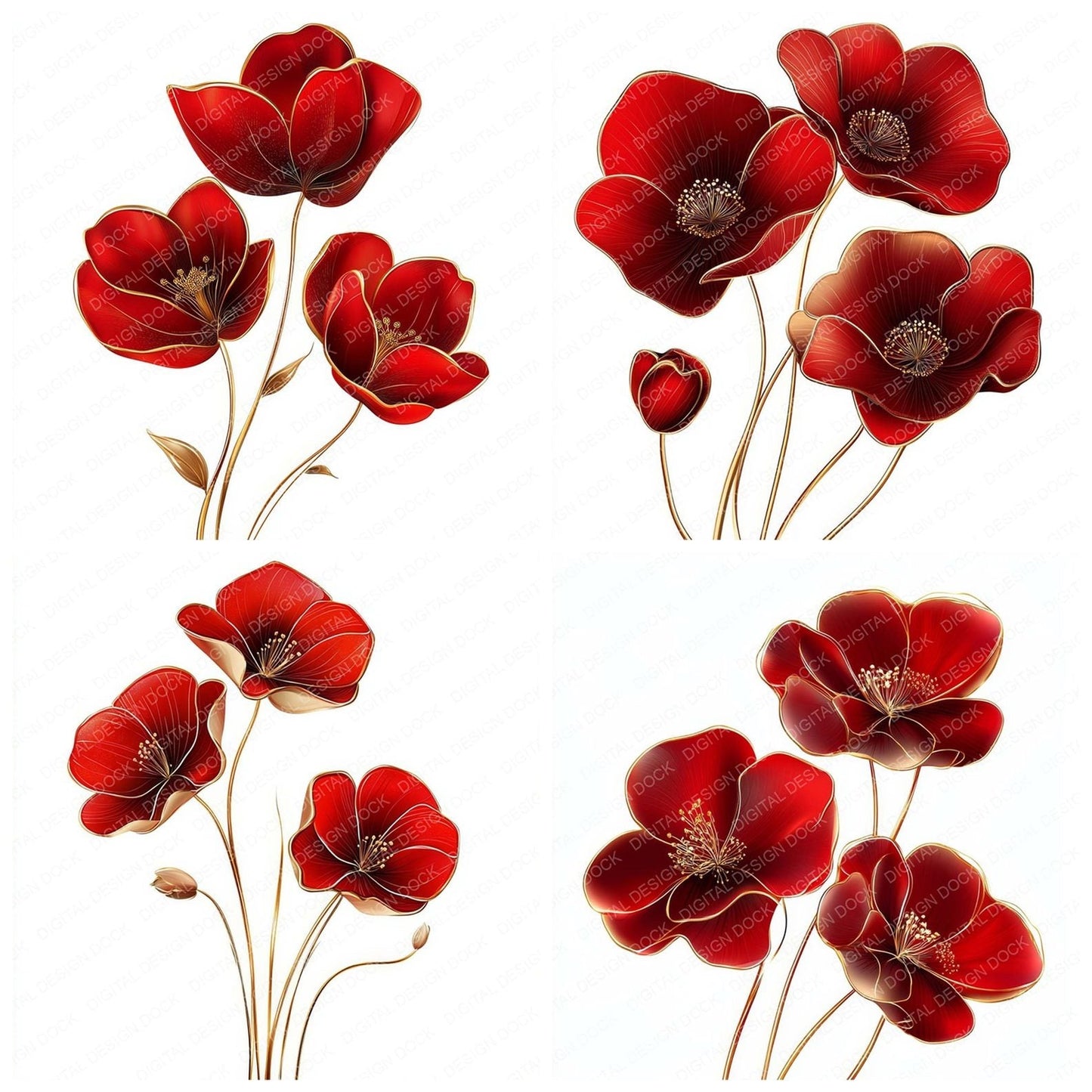 Red and Gold Abstract Flowers Clipart Set (DDD006401)