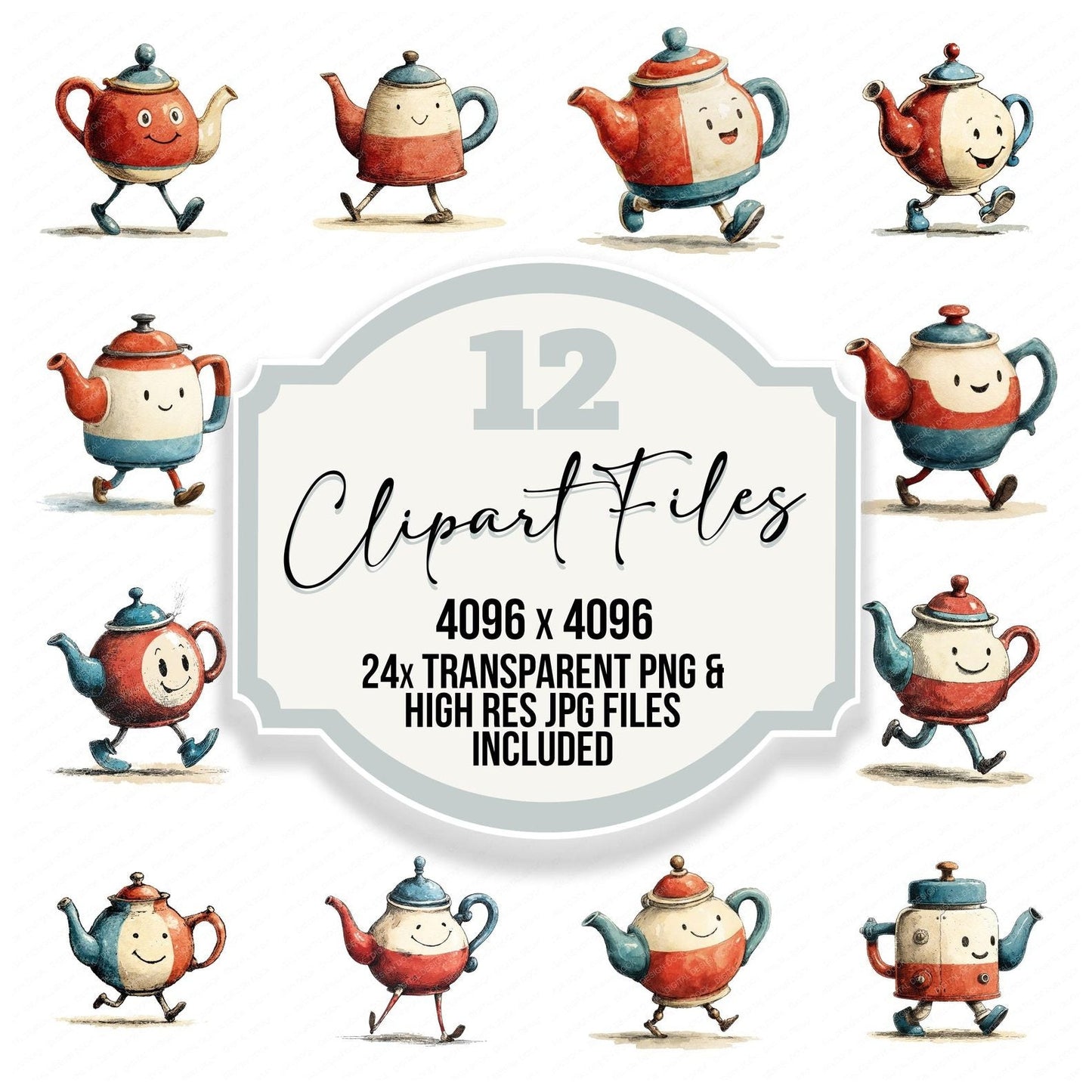 Retro Teapot Character Clipart Set (DDD006424)
