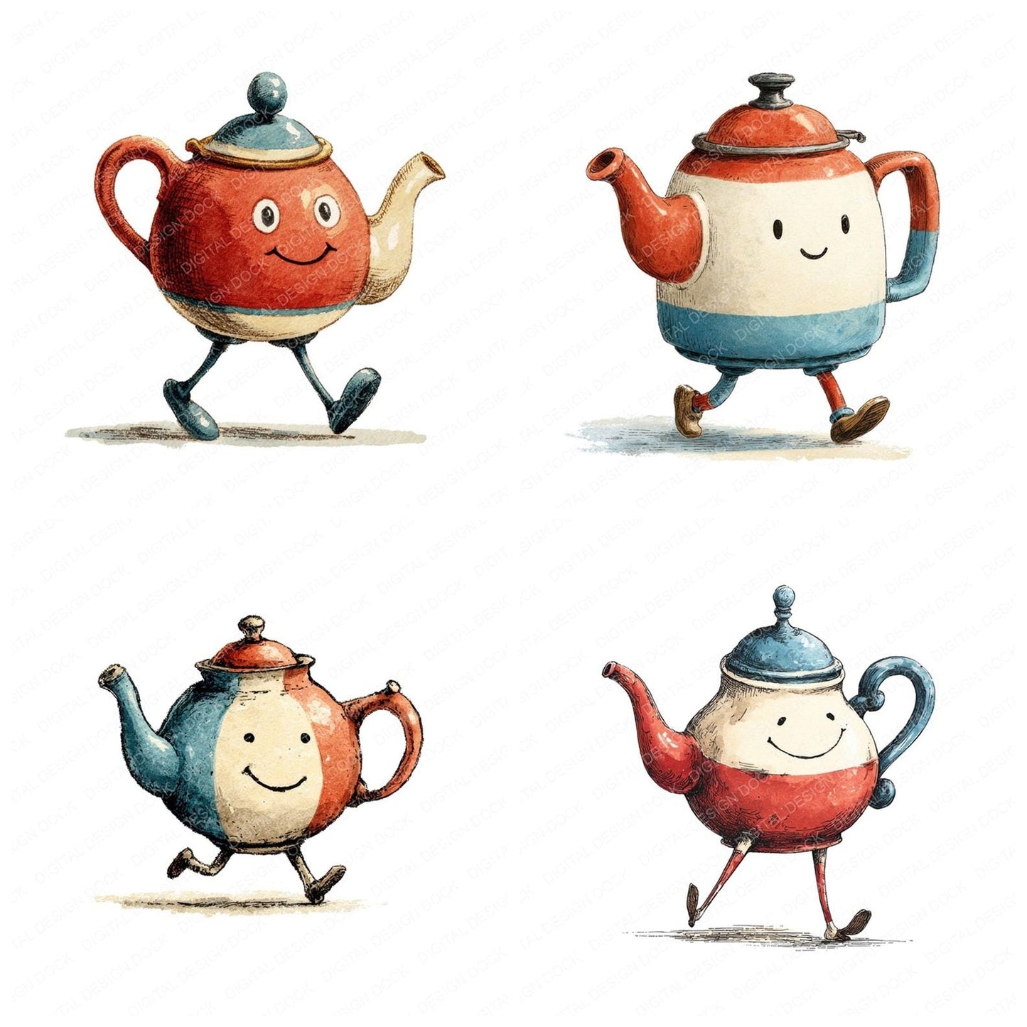 Retro Teapot Character Clipart Set (DDD006424)