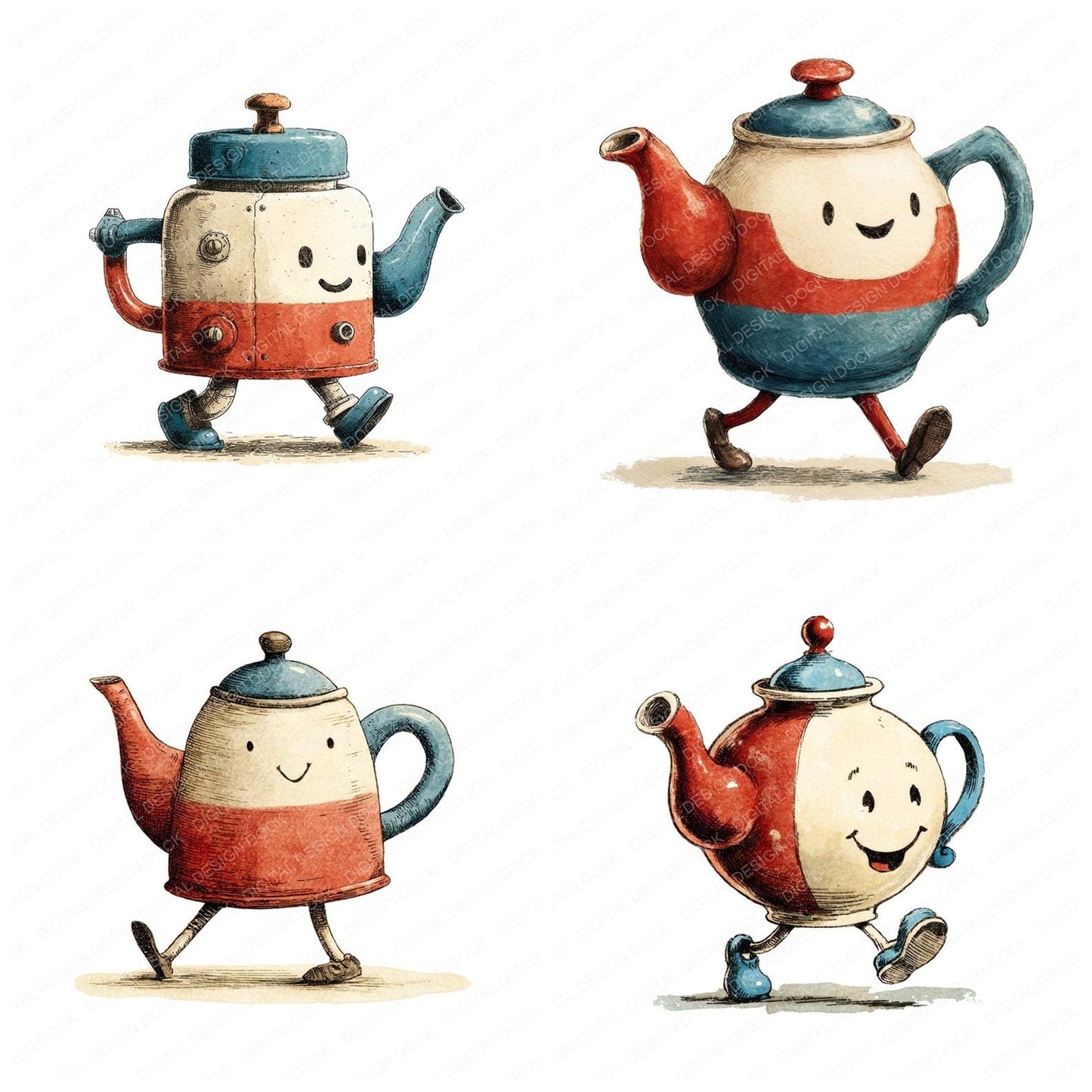 Retro Teapot Character Clipart Set (DDD006424)