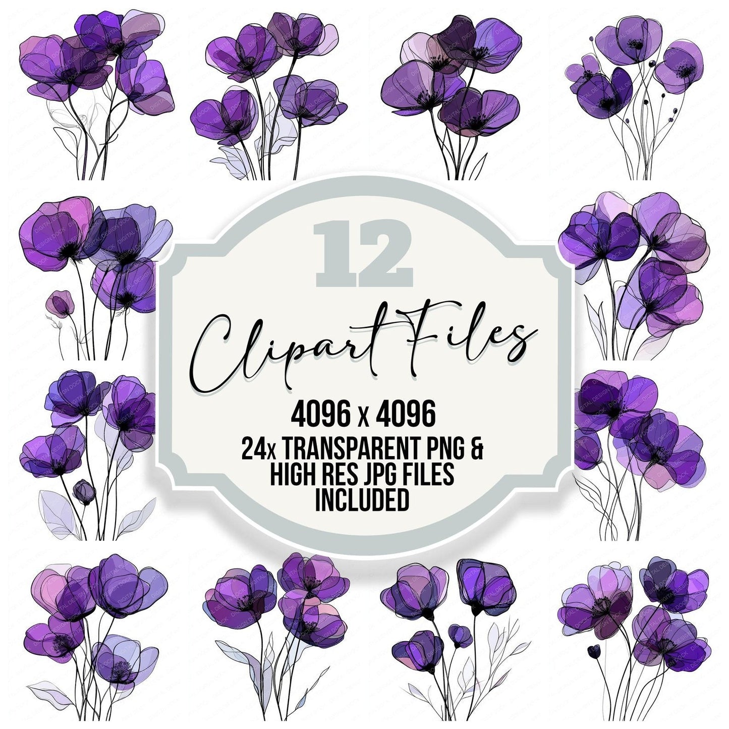Rich Purple Abstract Flowers Clipart Set (DDD006433)