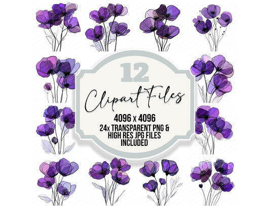 Rich Purple Abstract Flowers clipart set with transparent PNGs and high resolution JPGs for crafting and design projects