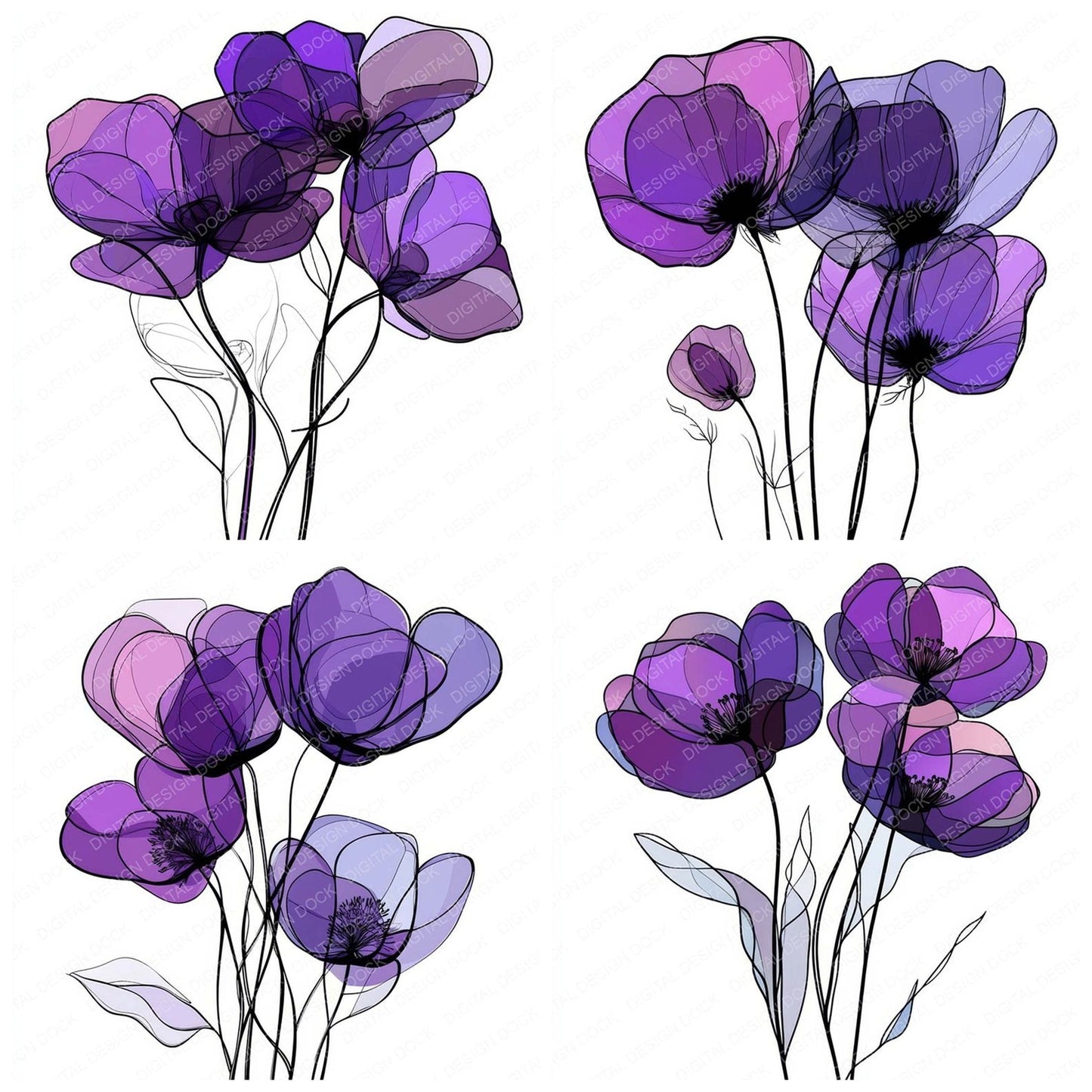 Rich Purple Abstract Flowers Clipart Set (DDD006433)