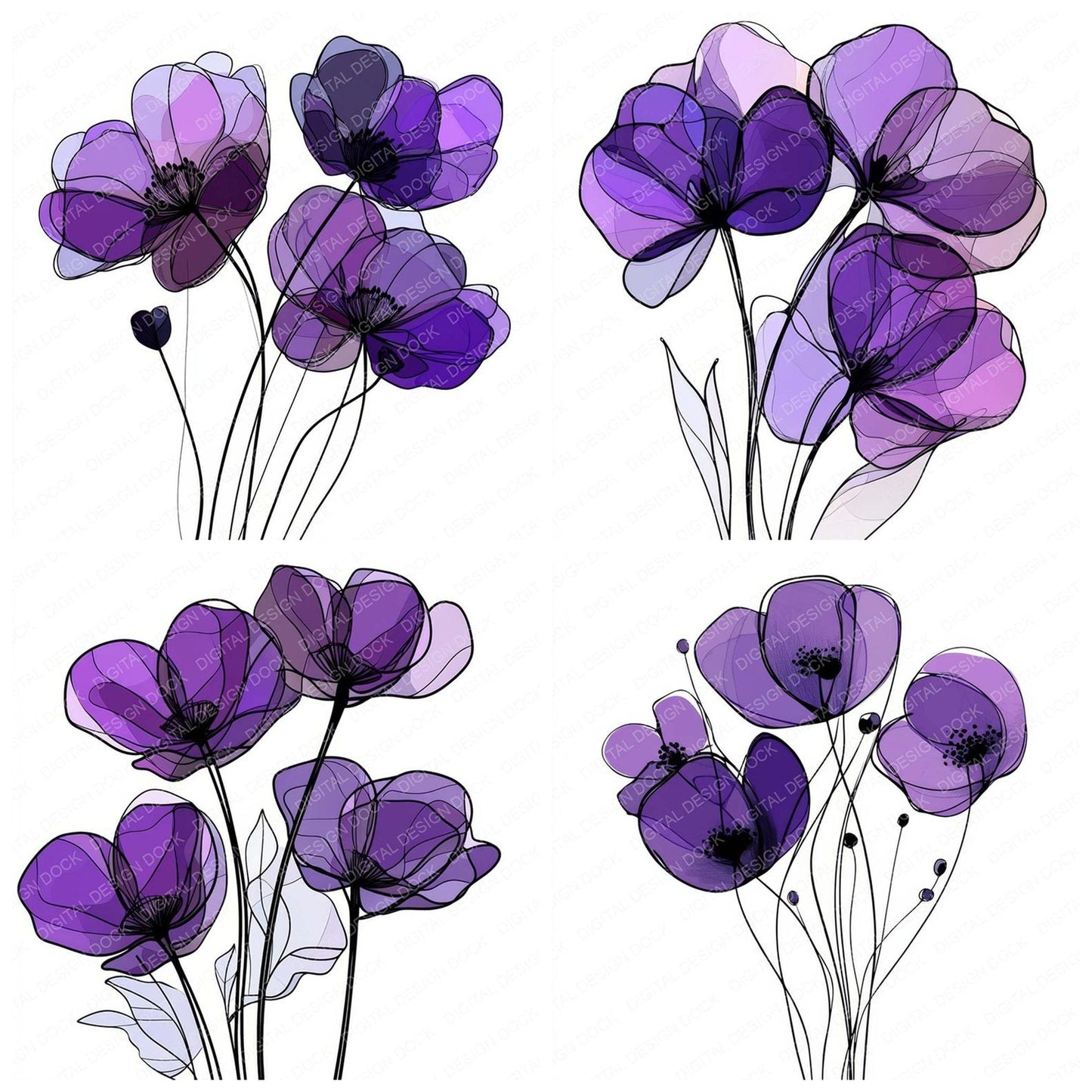 Rich Purple Abstract Flowers Clipart Set (DDD006433)