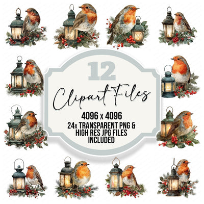Robin on Christmas Lantern clipart set cover showing the designs and file details