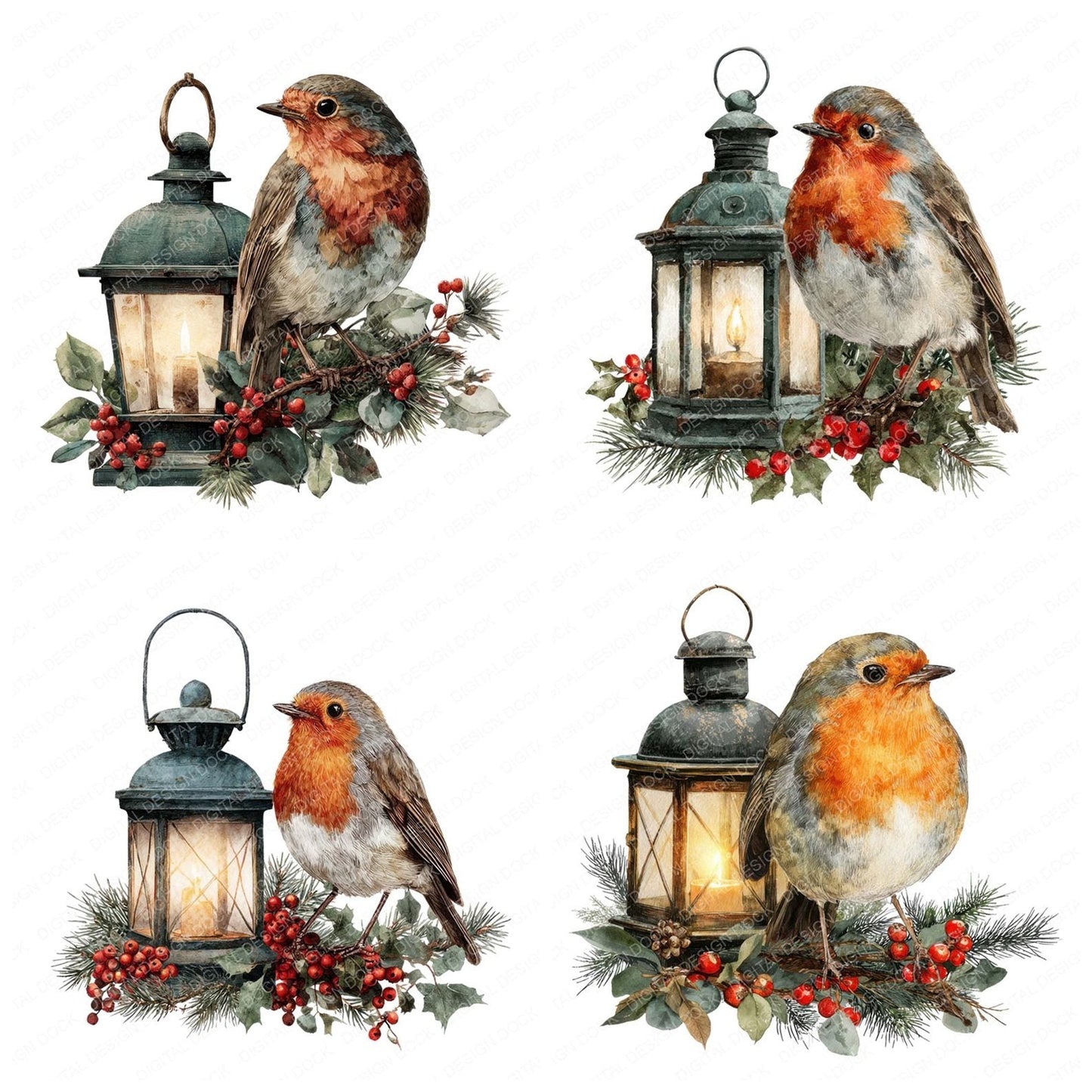 Robin on Christmas Lantern Clipart Set (DDD006438)