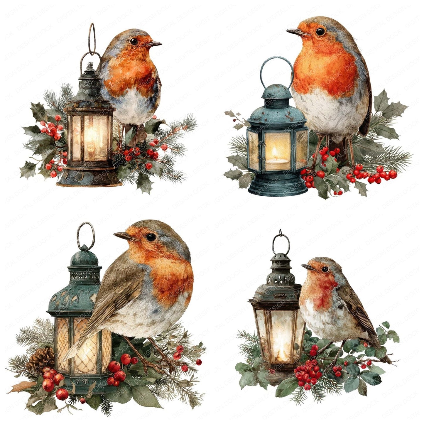 Robin on Christmas Lantern Clipart Set (DDD006438)