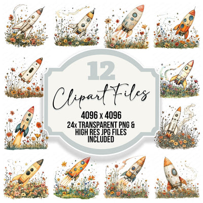 Rocketship in Wildflower Field clipart set cover showing the designs and file details