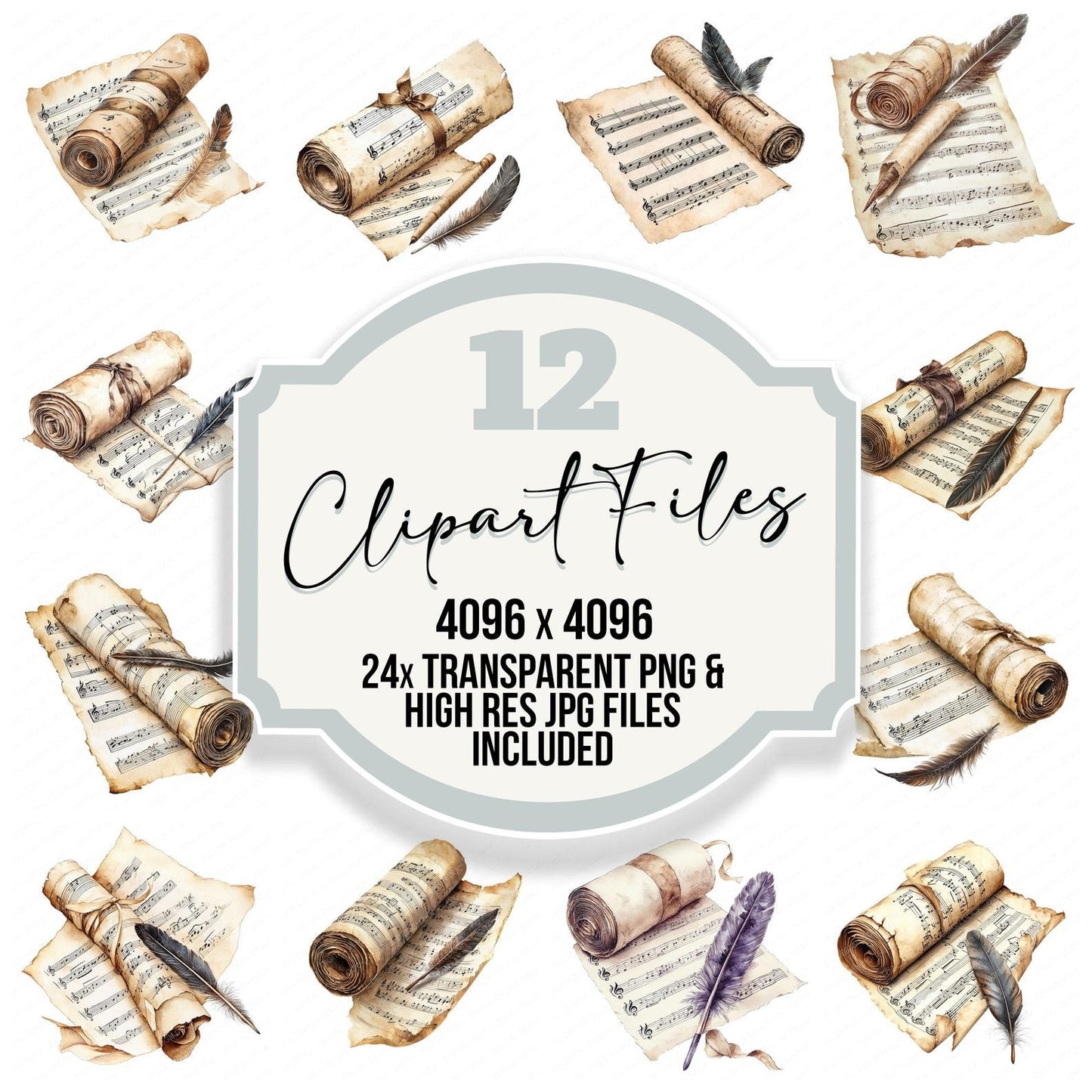 Rolled Music Sheet and Quill Clipart Set (DDD006450)