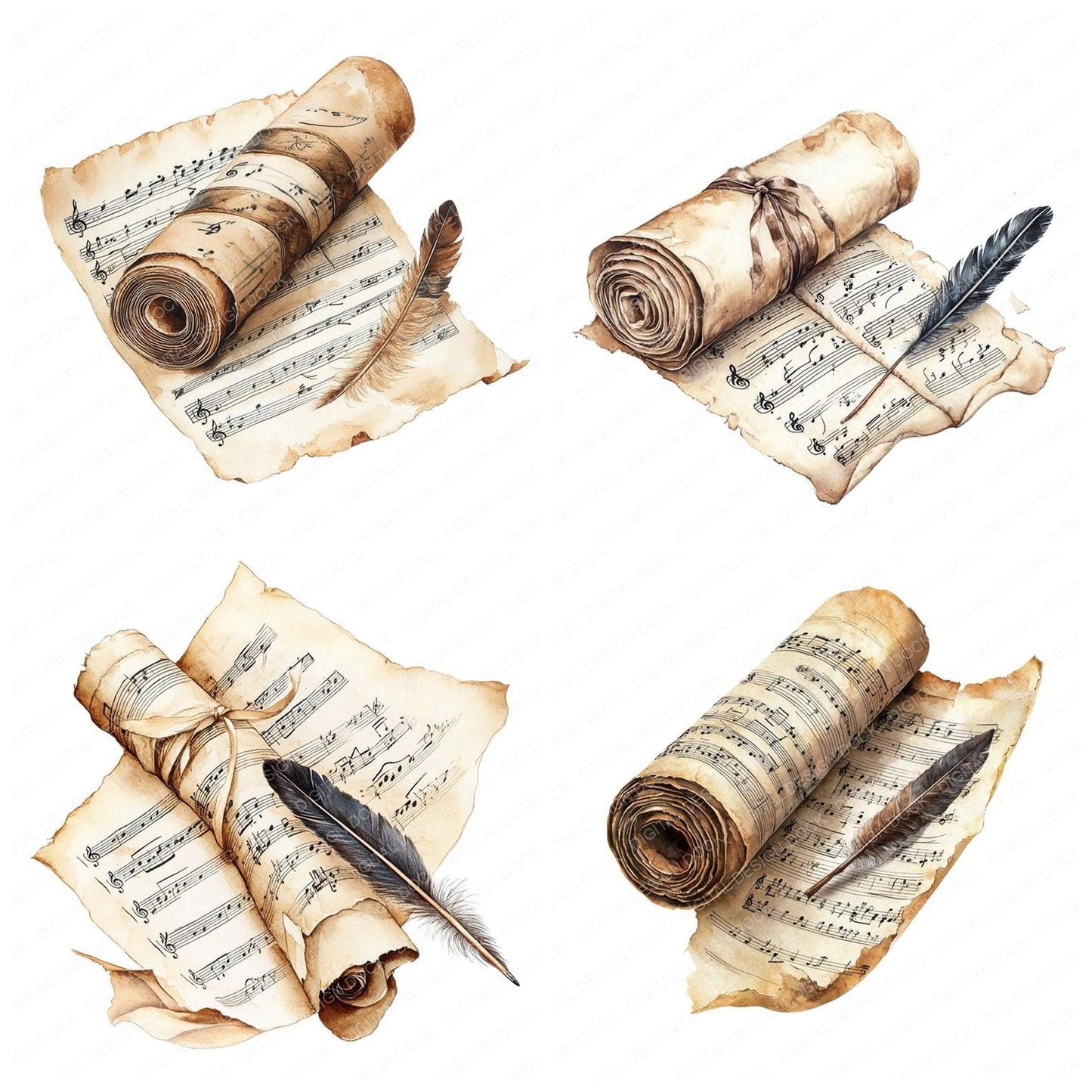 Rolled Music Sheet and Quill Clipart Set (DDD006450)