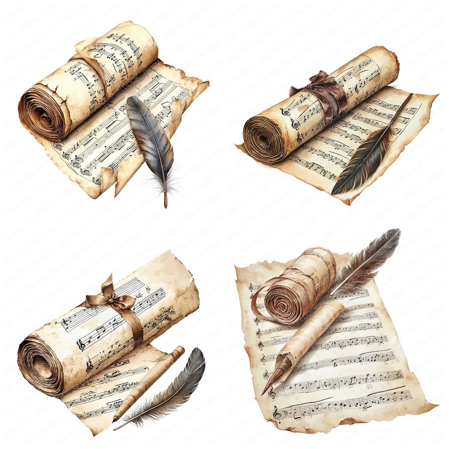 Rolled Music Sheet and Quill Clipart Set (DDD006450)