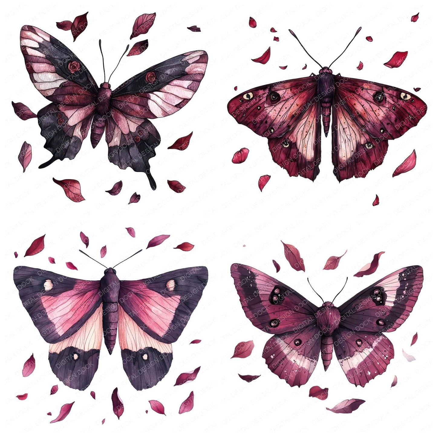 Romantic Floral Moth Clipart Set (DDD006453)