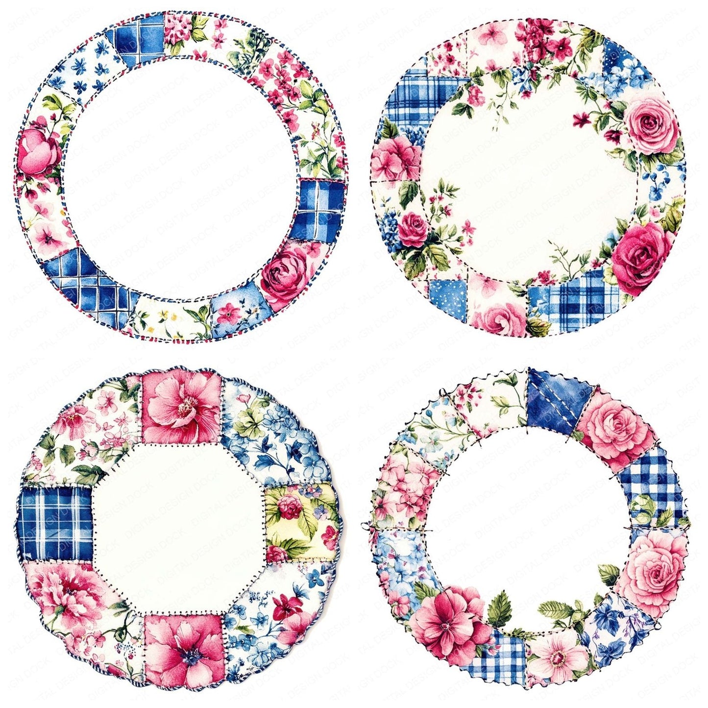 Round Patchwork Fabric Border Clipart Set (DDD006459)