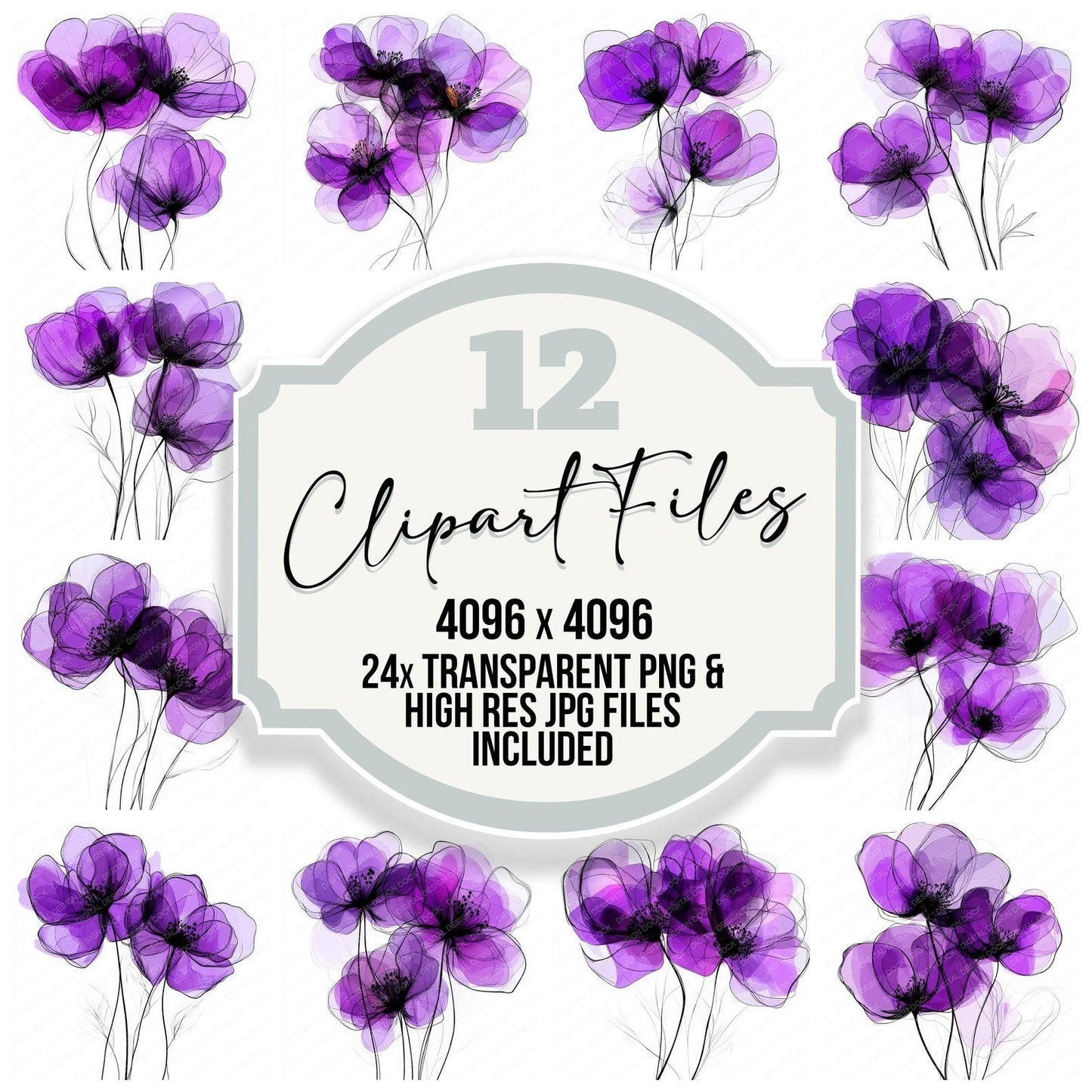 Royal Purple Abstract Flowers Clipart Set (DDD006465)