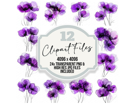 Royal Purple Abstract Flowers clipart set with transparent PNGs and high resolution JPGs for crafting and design projects