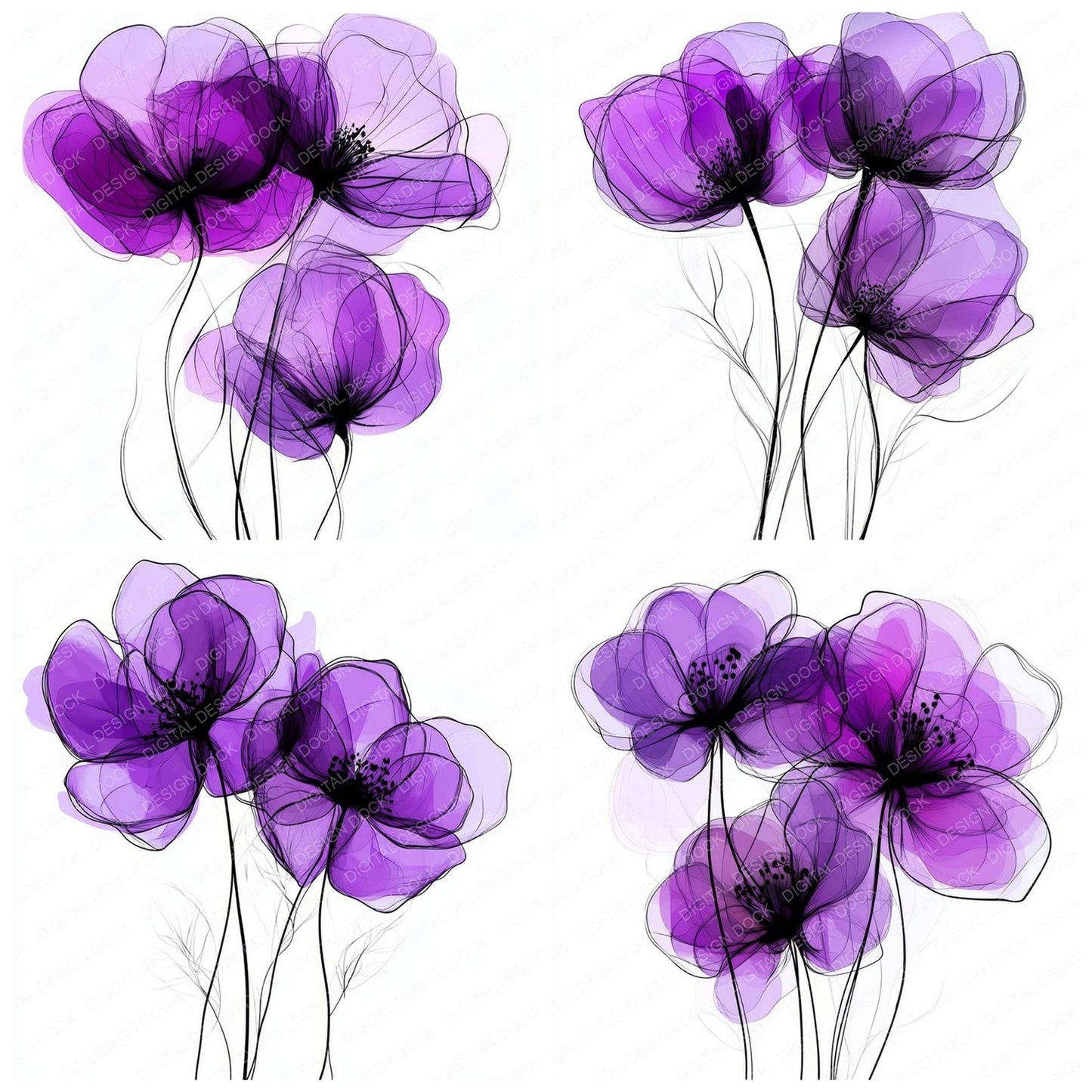 Royal Purple Abstract Flowers Clipart Set (DDD006465)