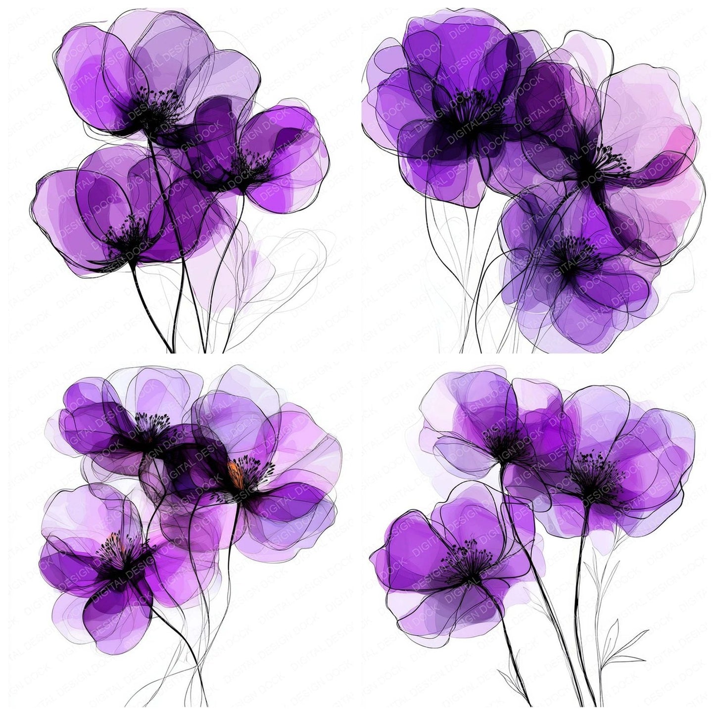 Royal Purple Abstract Flowers Clipart Set (DDD006465)