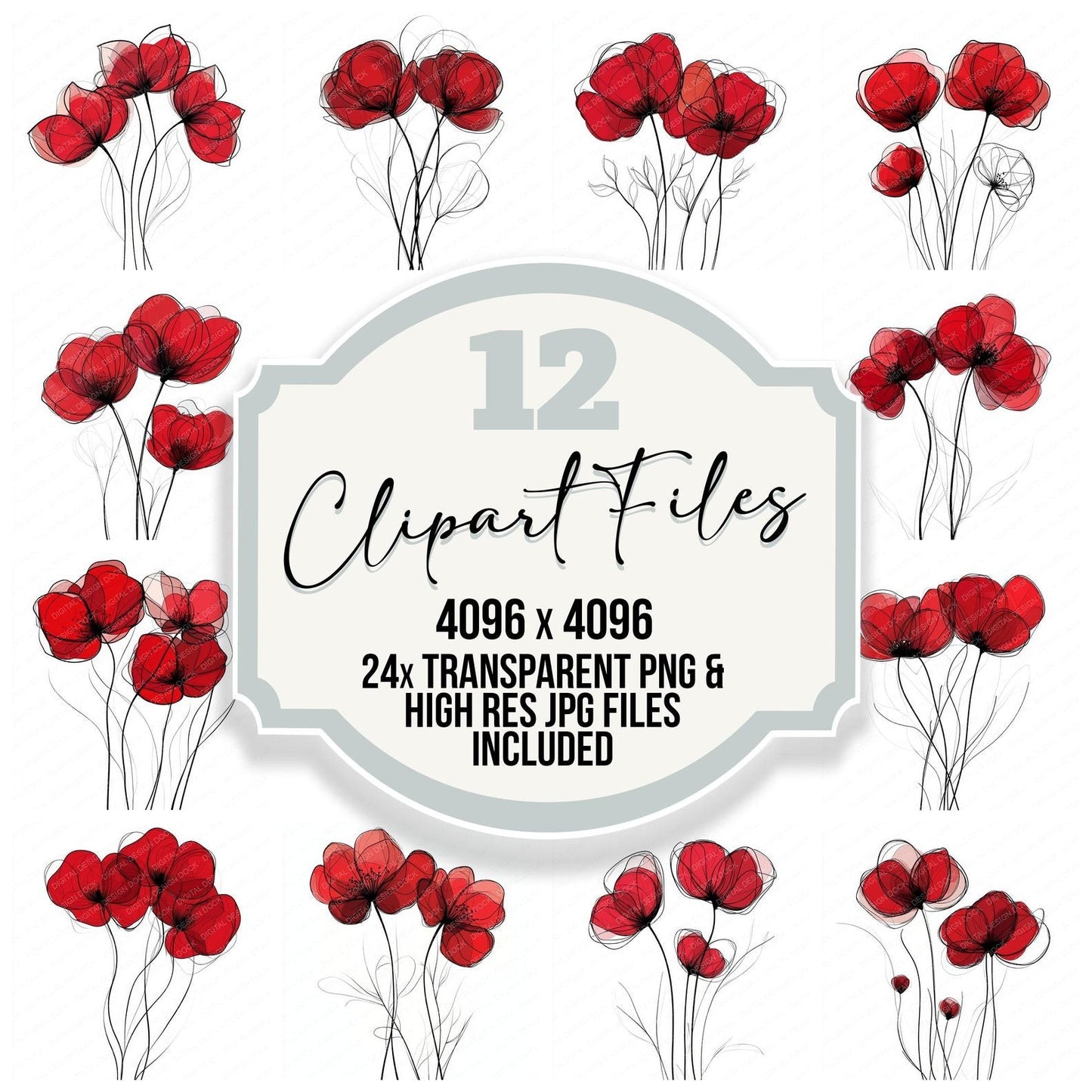 Ruby Red Abstract Flowers Clipart Set (DDD006466)