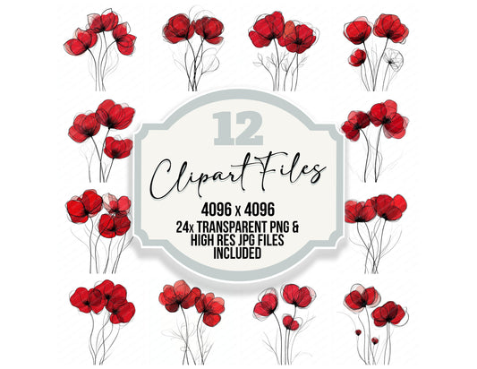 Ruby Red Abstract Flowers clipart set with transparent PNGs and high resolution JPGs for crafting and design projects