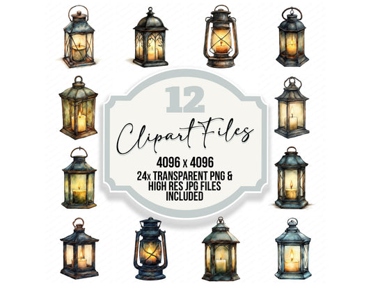 Rustic Candle Lantern clipart set with transparent PNGs and high resolution JPGs for crafting and design projects