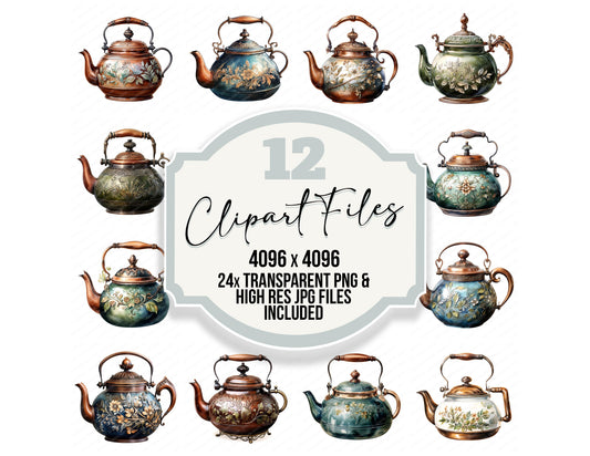 Rustic Engraved Teapot clipart set with transparent PNGs and high resolution JPGs for crafting and design projects