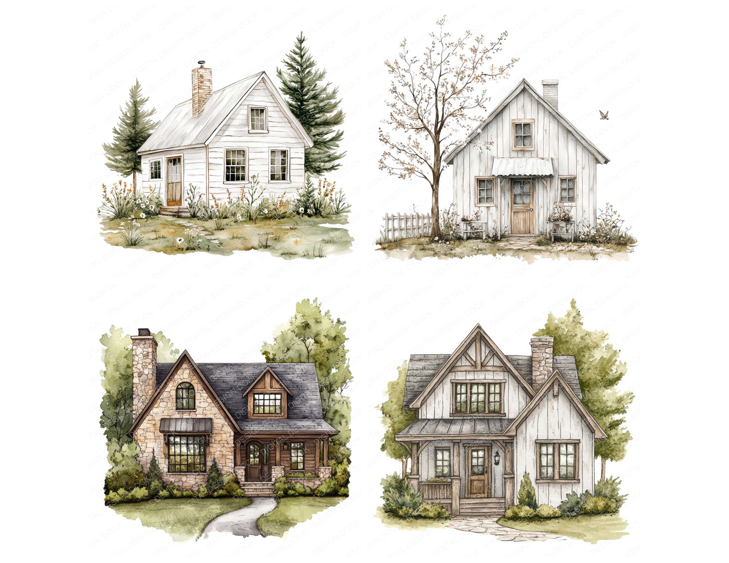 Close view of Rustic Farmhouse clipart highlighting illustration detail and cohesive colour tones