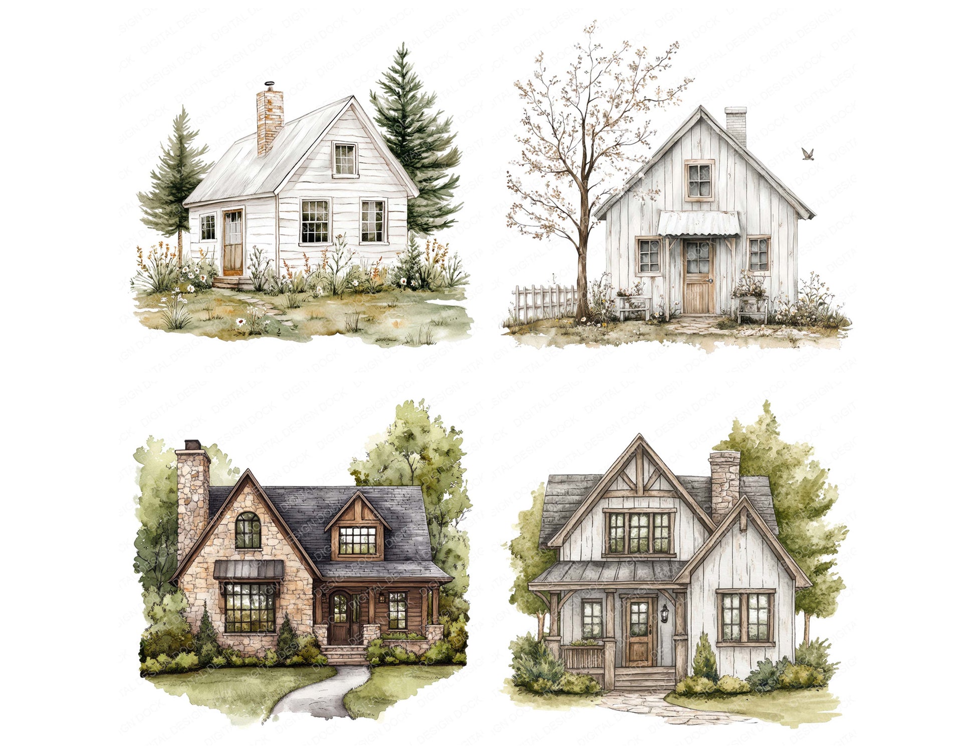 Close view of Rustic Farmhouse clipart highlighting illustration detail and cohesive colour tones