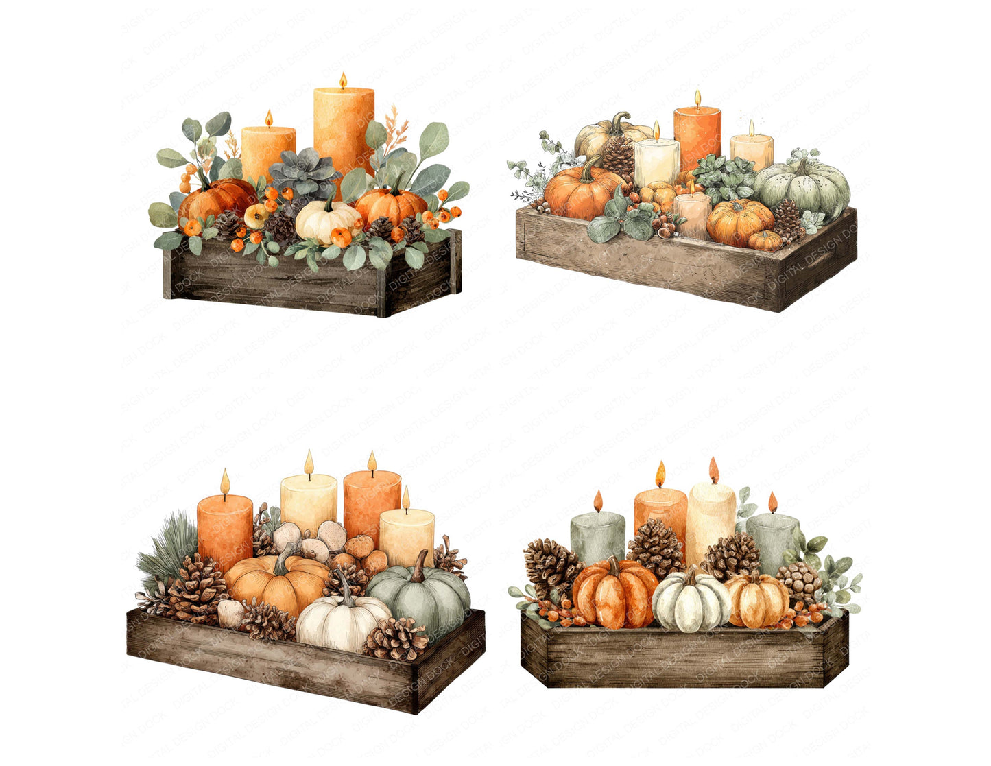 Close view of Rustic Pumpkin Halloween Centrepiece clipart highlighting illustration detail and cohesive colour tones