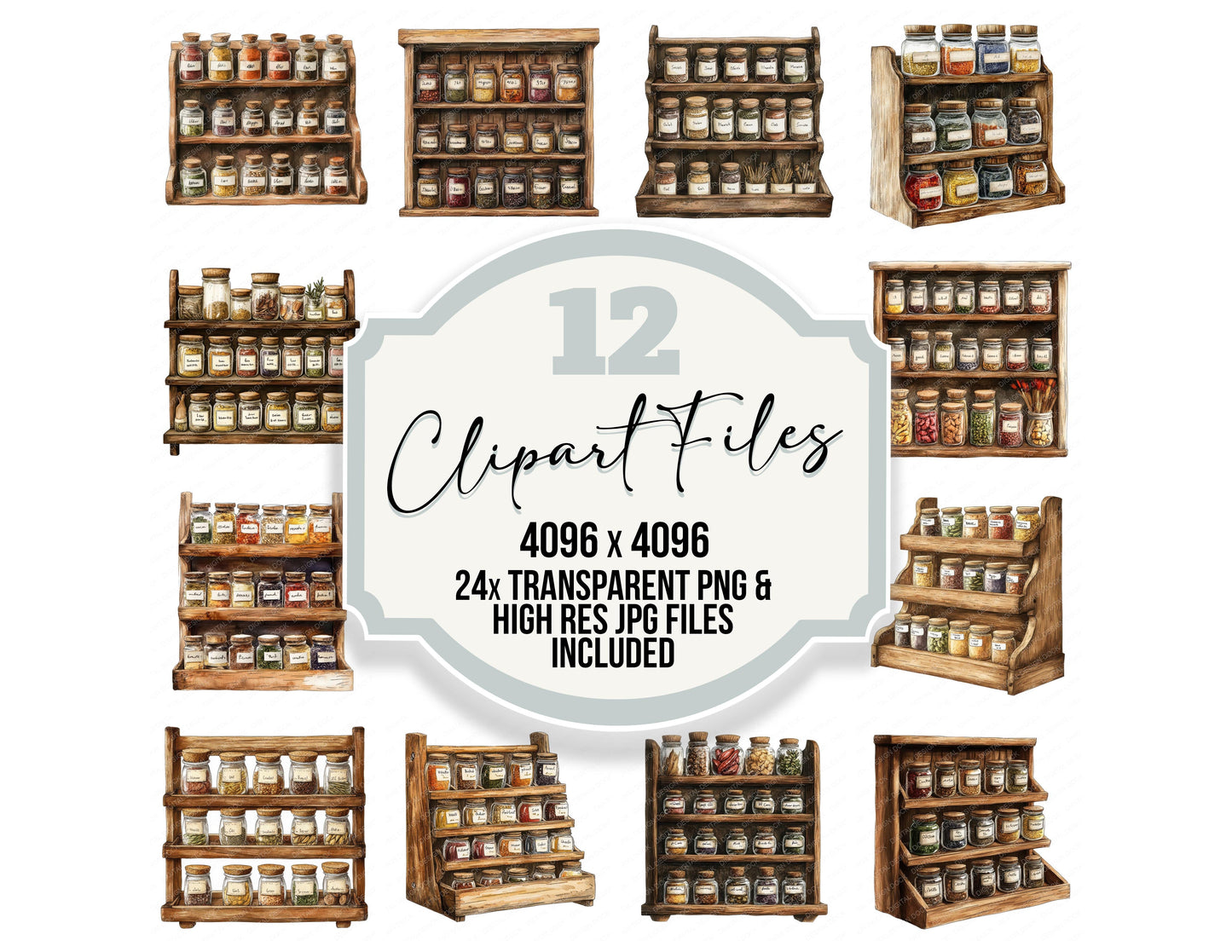 Rustic Spice Rack clipart set with transparent PNGs and high resolution JPGs for crafting and design projects
