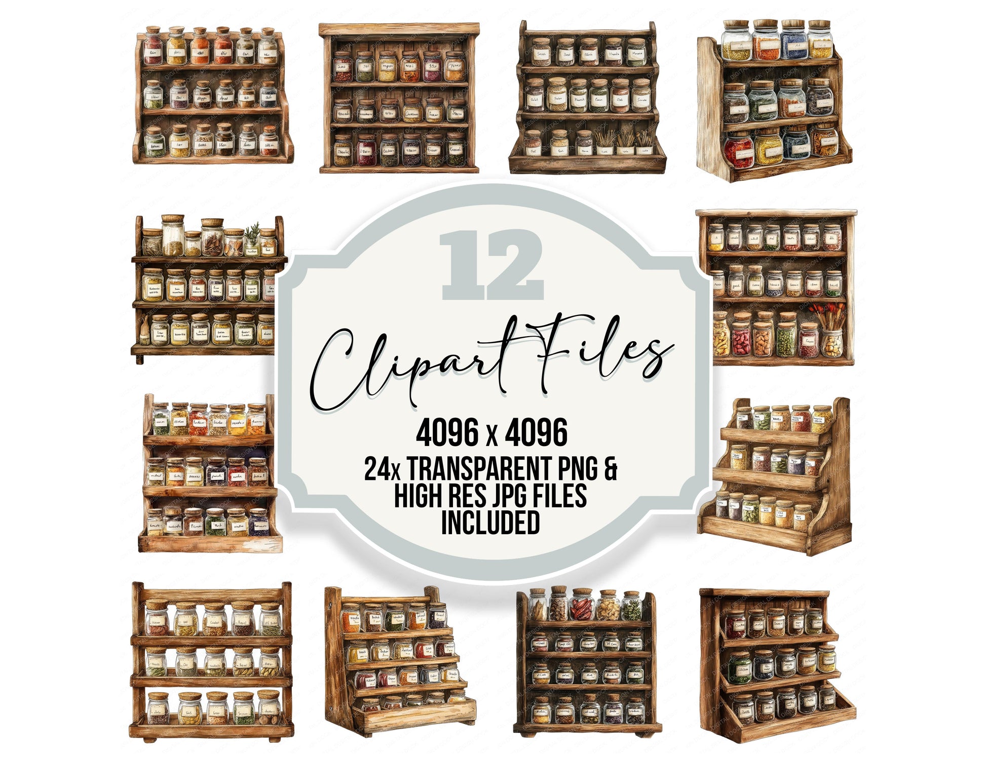 Rustic Spice Rack clipart set with transparent PNGs and high resolution JPGs for crafting and design projects