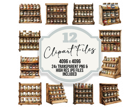 Rustic Spice Rack clipart set with transparent PNGs and high resolution JPGs for crafting and design projects