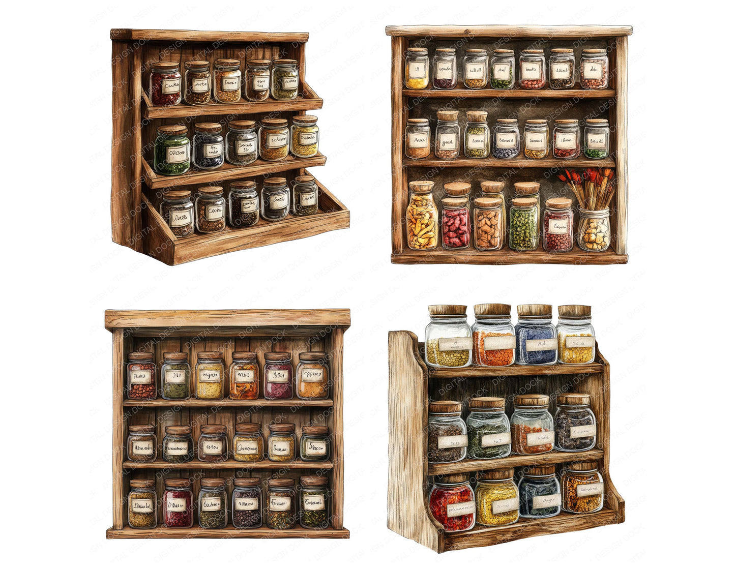 Close view of Rustic Spice Rack clipart highlighting illustration detail and cohesive colour tones