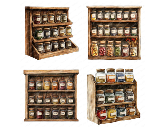 Close view of Rustic Spice Rack clipart highlighting illustration detail and cohesive colour tones