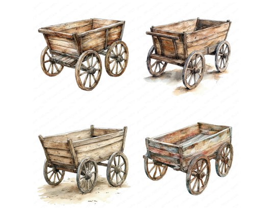 Preview layout showing Rustic Wooden Cart clipart elements for scrapbooking, junk journals, and card making