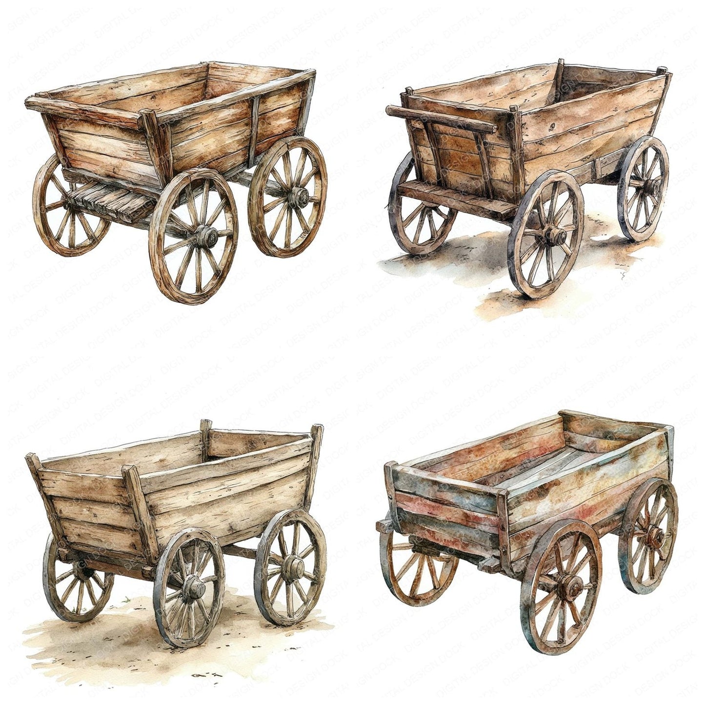 Rustic Wooden Cart Clipart Set (DDD006474)
