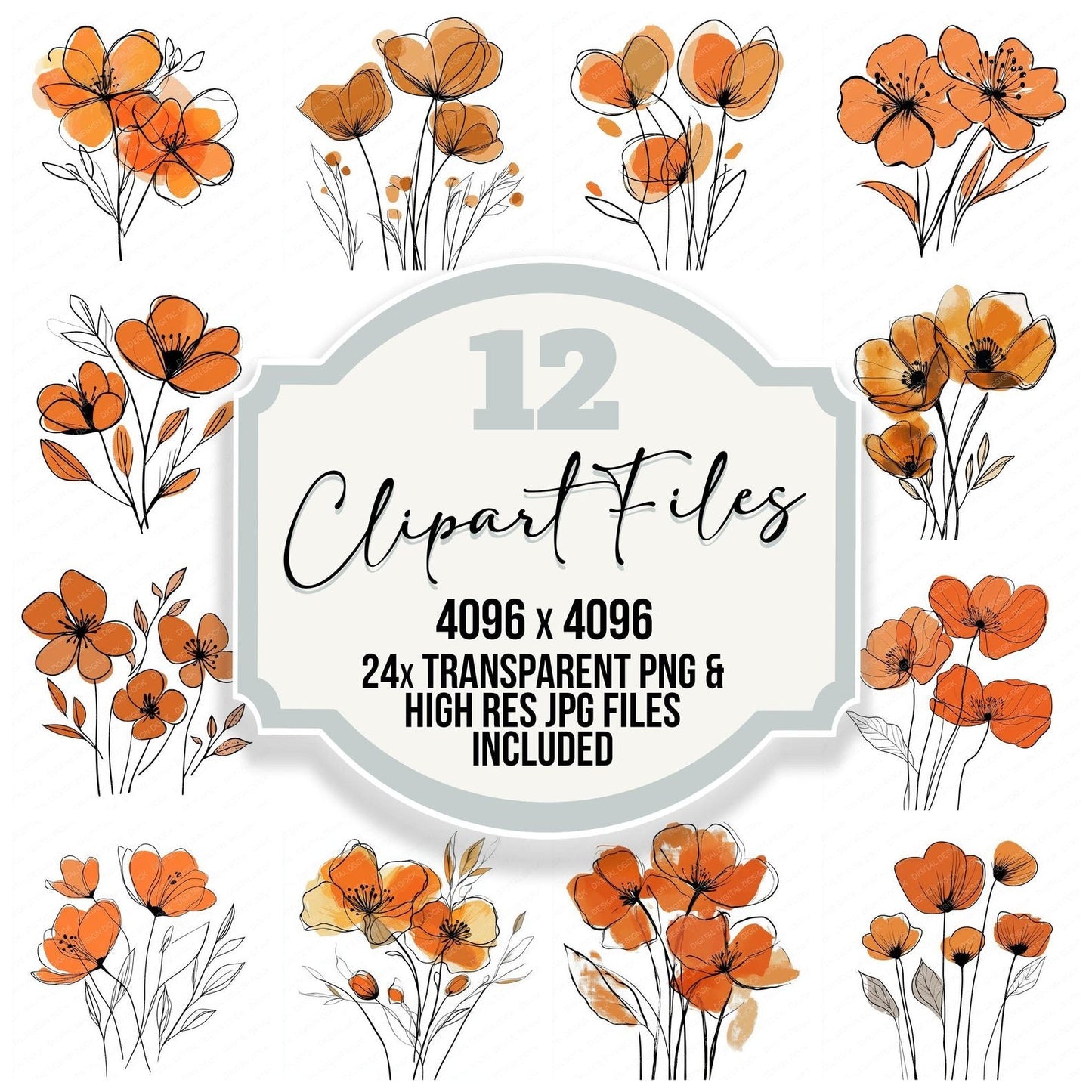Rusty Orange Abstract Flowers Clipart Set (DDD006477)