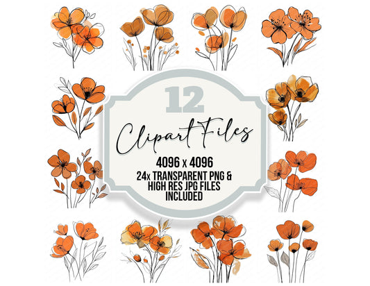 Rusty Orange Abstract Flowers clipart set with transparent PNGs and high resolution JPGs for crafting and design projects