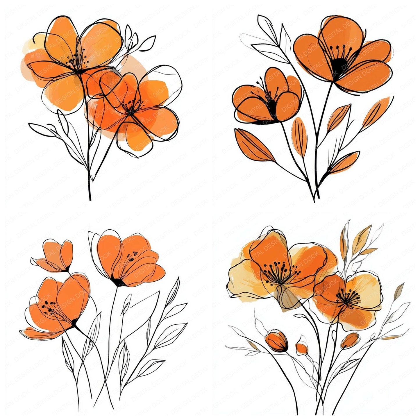 Rusty Orange Abstract Flowers Clipart Set (DDD006477)