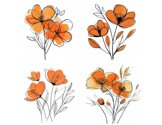 Preview layout showing Rusty Orange Abstract Flowers clipart elements for scrapbooking, junk journals, and card making