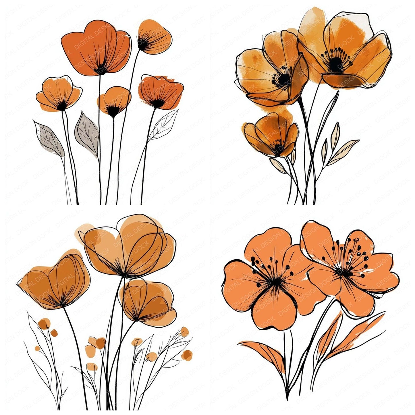 Rusty Orange Abstract Flowers Clipart Set (DDD006477)