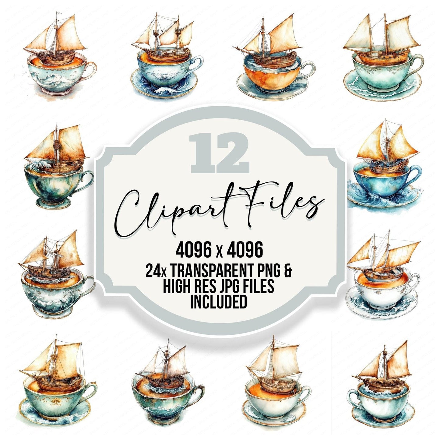 Sailing Teacup Scene Clipart Set (DDD006484)