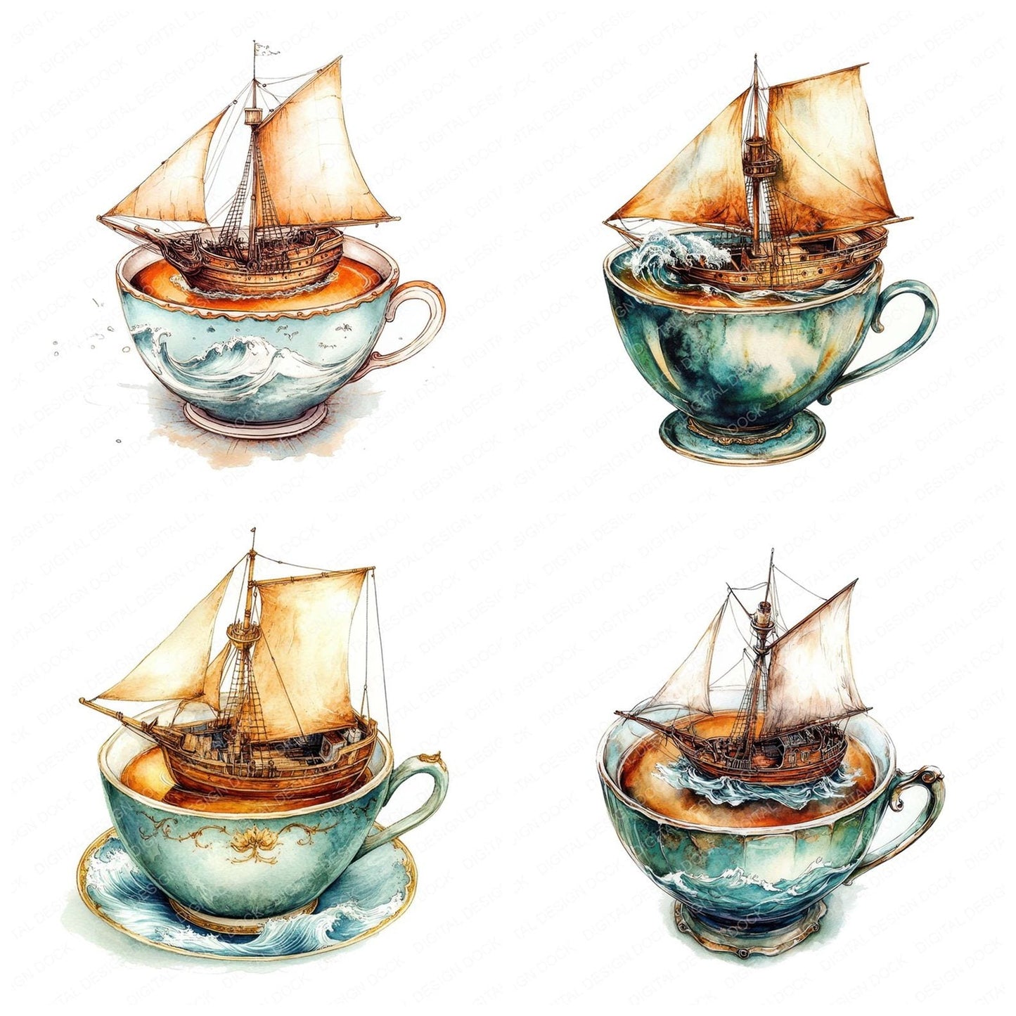 Sailing Teacup Scene Clipart Set (DDD006484)