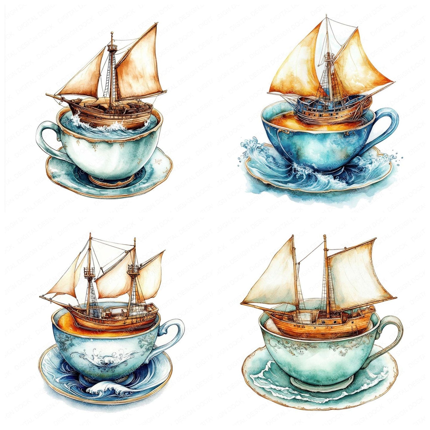 Sailing Teacup Scene Clipart Set (DDD006484)