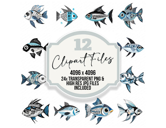 Scandinavian Abstract Fish clipart set with transparent PNGs and high resolution JPGs for crafting and design projects