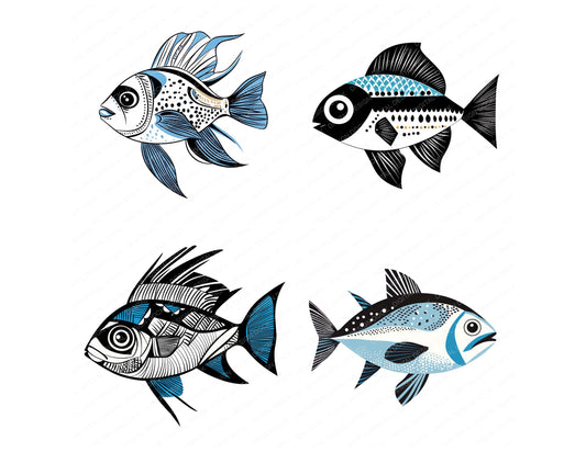 Preview layout showing Scandinavian Abstract Fish clipart elements for scrapbooking, junk journals, and card making